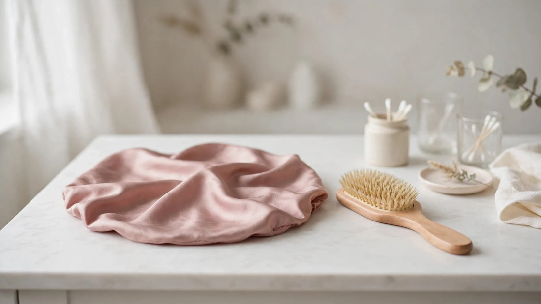 Bonnet de nuit en soie rose poudré posé à plat sur une coiffeuse en marbre blanc avec une brosse