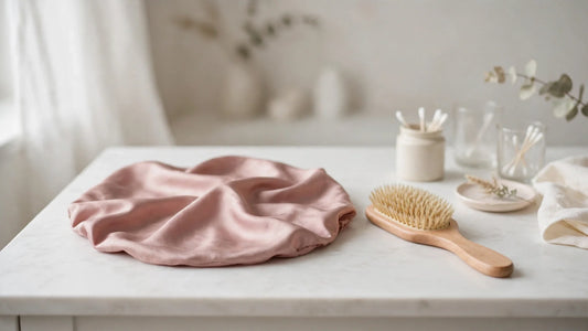 Bonnet de nuit en soie rose poudré posé à plat sur une coiffeuse en marbre blanc avec une brosse