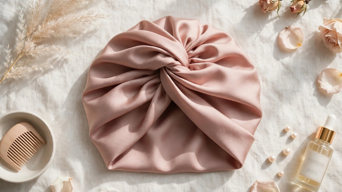 Turban en soie rose poudré posé à plat, style noeud twisté élégant