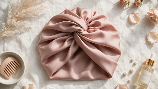 Turban en soie rose poudré posé à plat, style noeud twisté élégant