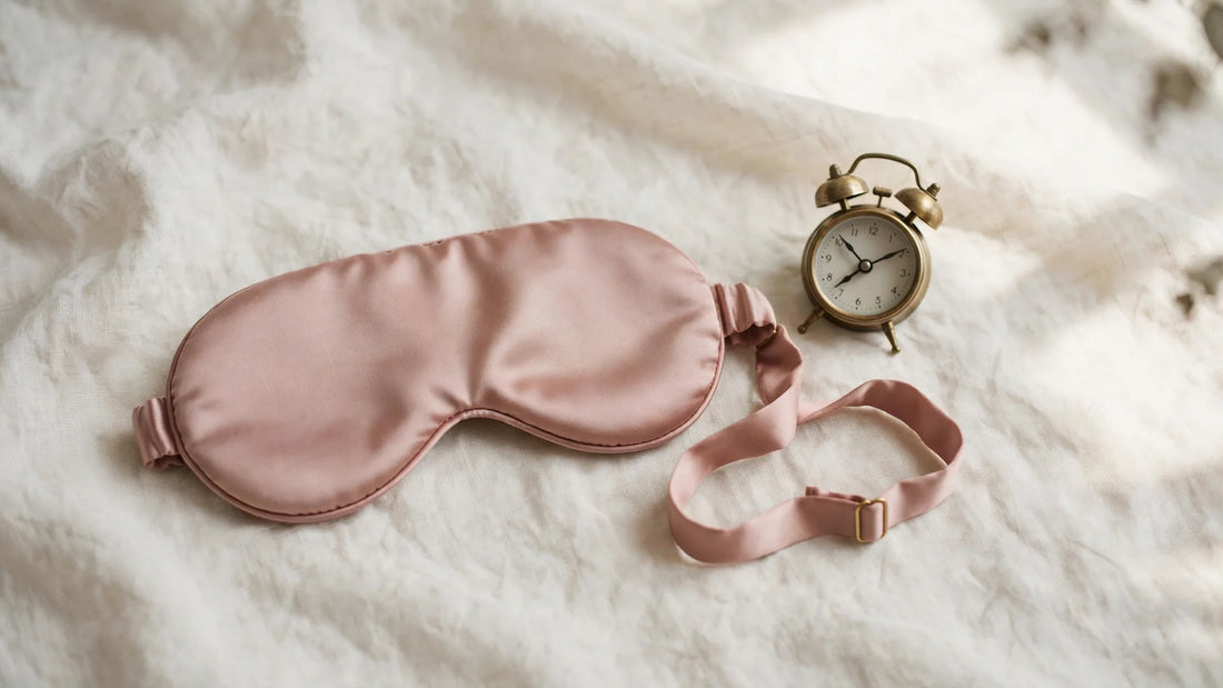 Masque de nuit en soie rose poudré posé à plat sur du lin clair avec un petit réveil