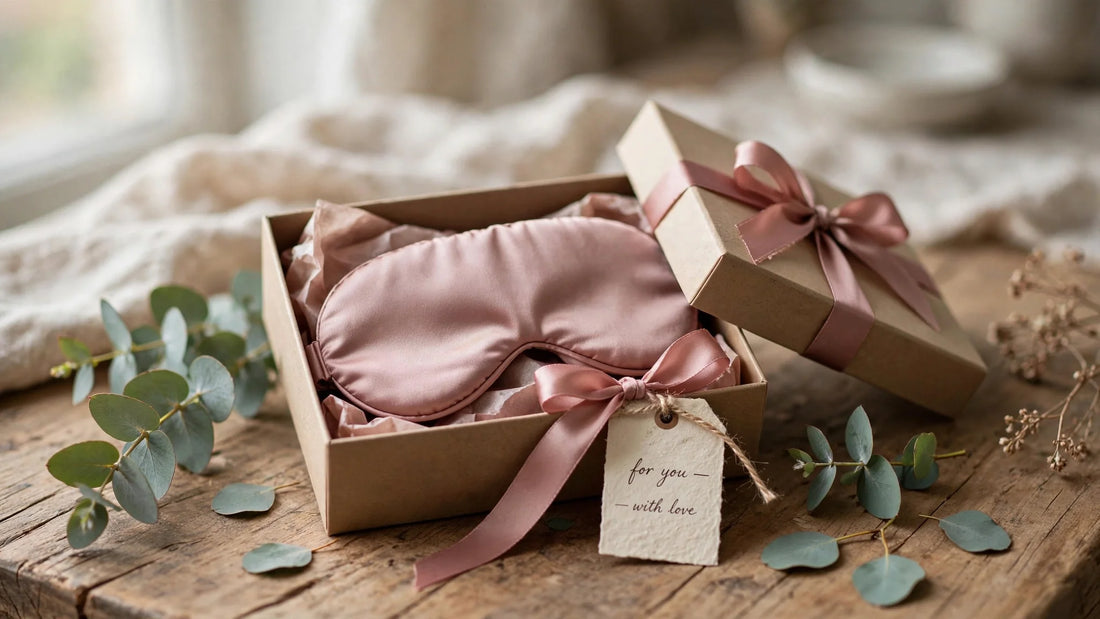 Masque de sommeil en soie rose poudré emballé comme cadeau avec ruban, sur une table en bois