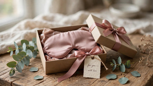 Masque de sommeil en soie rose poudré emballé comme cadeau avec ruban, sur une table en bois