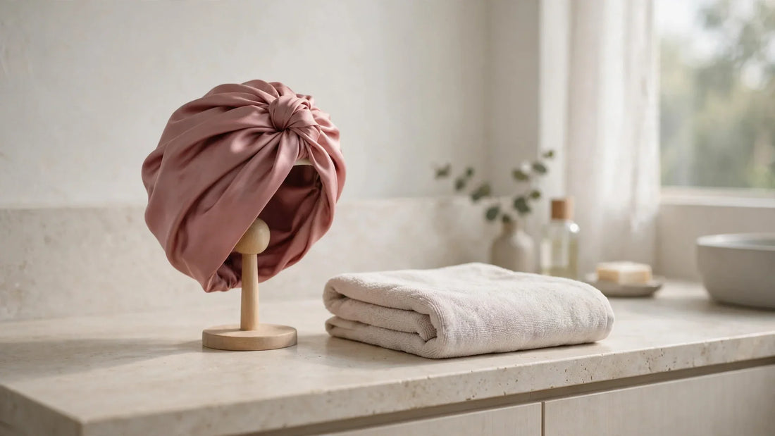 Turban en soie rose poudré posé sur un support en bois à côté d'une serviette en microfibre pliée