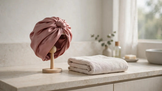 Turban en soie rose poudré posé sur un support en bois à côté d'une serviette en microfibre pliée
