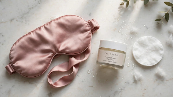 Masque de sommeil en soie rose poudré posé près d'un pot de crème contour des yeux et d'un coton démaquillant