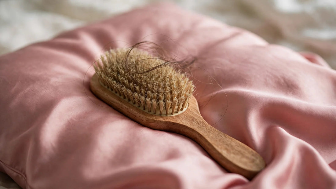 Brosse en bois avec quelques mèches de cheveux posée sur une taie d'oreiller en soie rose