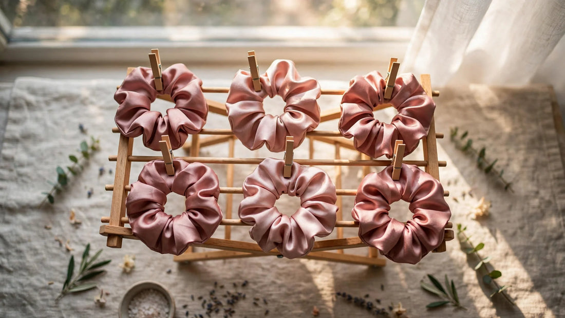 Chouchous en soie rose poudré séchant sur un petit séchoir en bois près d'une fenêtre