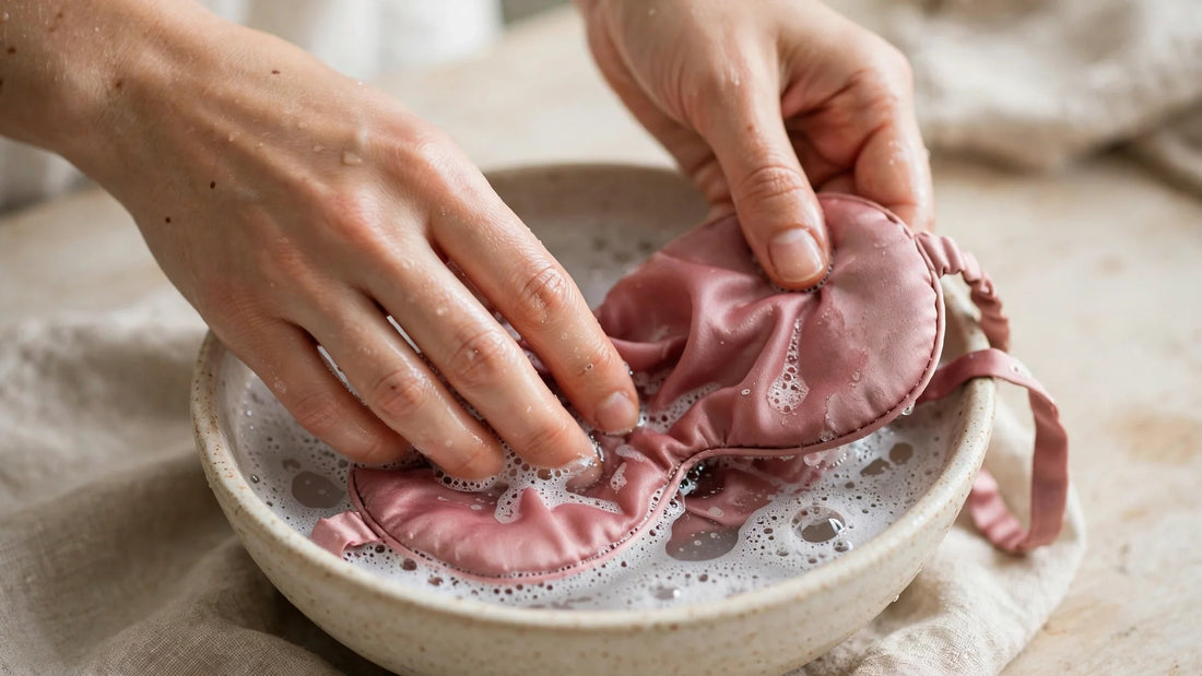 Mains lavant à la main un masque de sommeil en soie rose poudré dans une bassine d'eau savonneuse