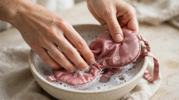 Mains lavant à la main un masque de sommeil en soie rose poudré dans une bassine d'eau savonneuse