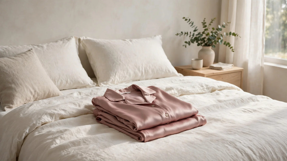 Pyjama en soie femme rose poudré plié sur un lit avec du linge ivoire