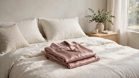 Pyjama en soie femme rose poudré plié sur un lit avec du linge ivoire