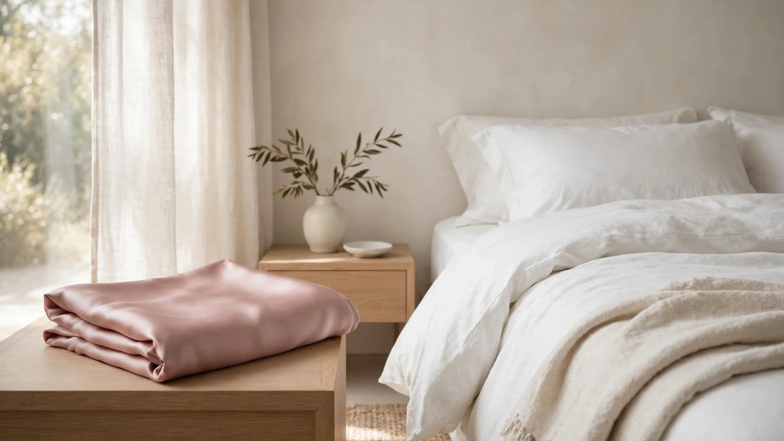 Taie d'oreiller en soie rose poudré pliée dans une chambre lumineuse et épurée