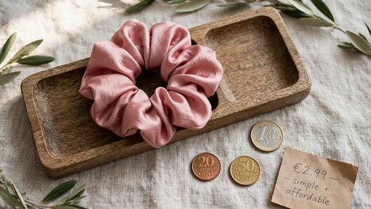 Chouchou en soie rose poudré sur un plateau en bois avec des pièces en euros, symbole d'accessibilité