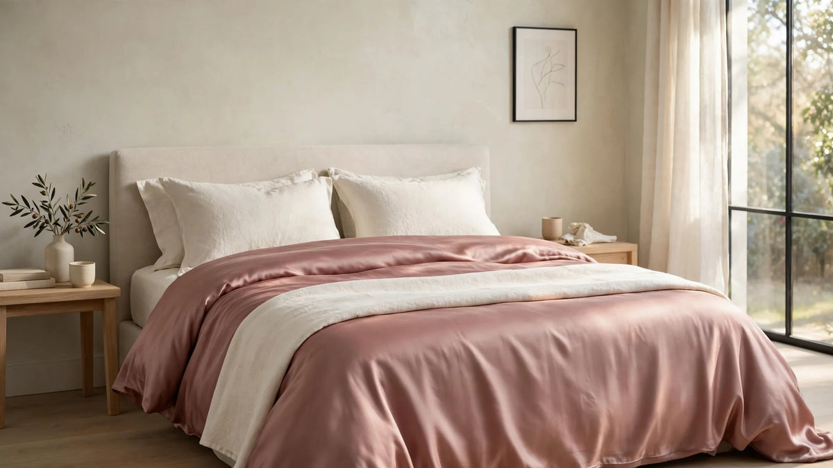 Lit habillé d'une housse de couette en soie rose poudré avec des oreillers en lin ivoire