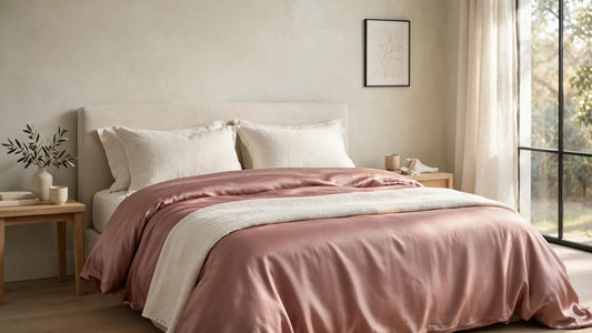Lit habillé d'une housse de couette en soie rose poudré avec des oreillers en lin ivoire