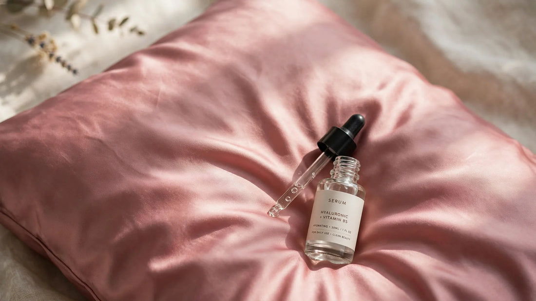 Taie d'oreiller en soie rose poudré avec un flacon de sérum de soin de la peau
