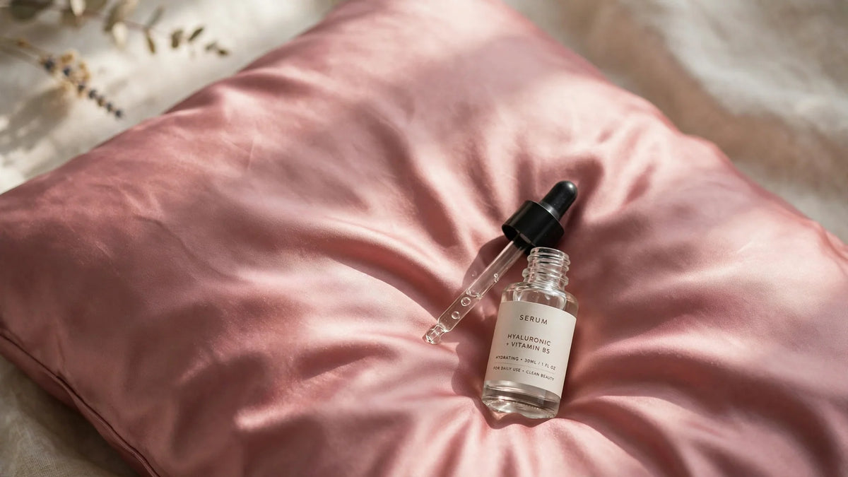 Taie d'oreiller en soie rose poudré avec un flacon de sérum de soin de la peau