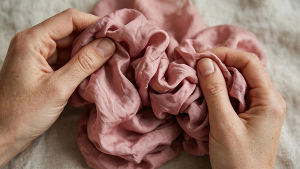 Mains testant la texture d'un tissu de soie rose poudré en le froissant
