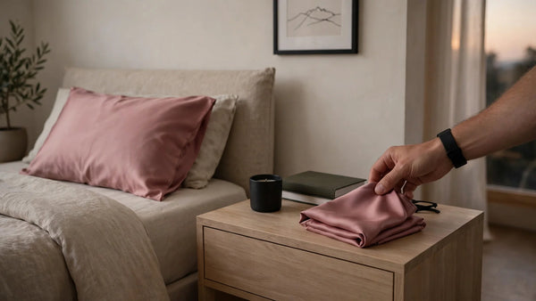 Main d'homme posant un bonnet de nuit en soie rose poudré sur une table de chevet, chambre masculine minimaliste