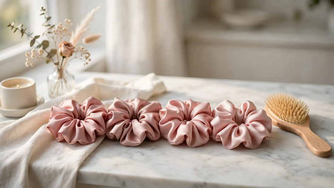 Quatre chouchous en soie rose poudré alignés sur une coiffeuse en marbre avec une brosse