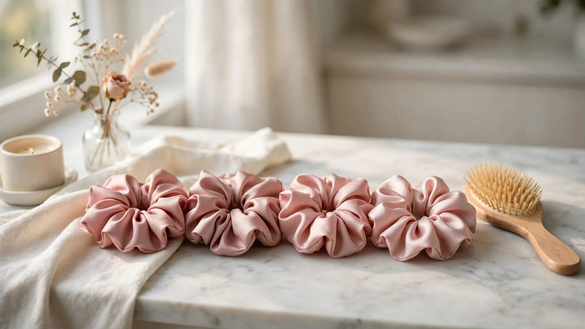Quatre chouchous en soie rose poudré alignés sur une coiffeuse en marbre avec une brosse