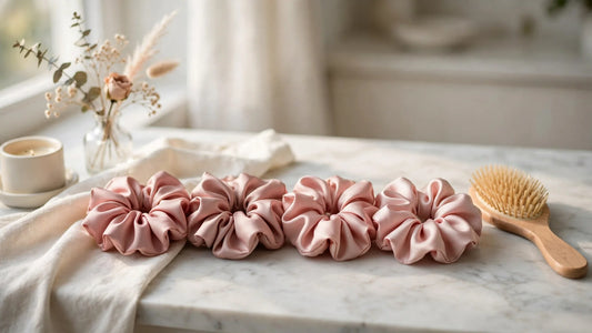 Quatre chouchous en soie rose poudré alignés sur une coiffeuse en marbre avec une brosse