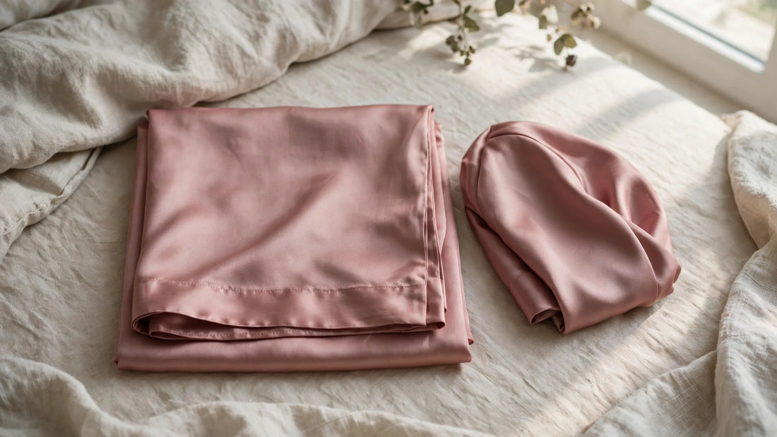 Taie d'oreiller et bonnet de nuit en soie rose poudré assortis, pliés ensemble sur un lit