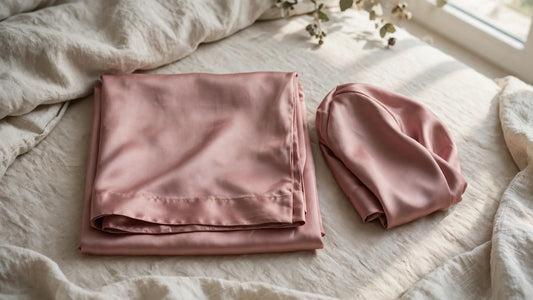 Taie d'oreiller et bonnet de nuit en soie rose poudré assortis, pliés ensemble sur un lit