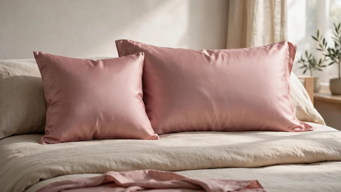 Deux oreillers de tailles différentes habillés de taies en soie rose poudré sur un lit fait