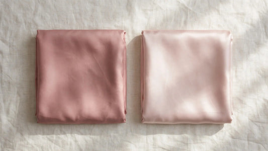 Comparaison de deux taies d'oreiller pliées côte à côte, l'une en soie mate, l'autre en satin brillant