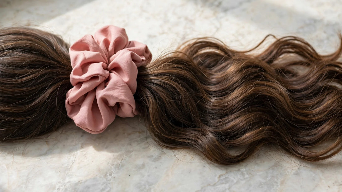 Longue mèche de cheveux épais attachée avec un grand chouchou en soie rose poudré sur marbre