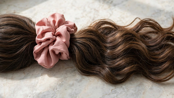 Longue mèche de cheveux épais attachée avec un grand chouchou en soie rose poudré sur marbre