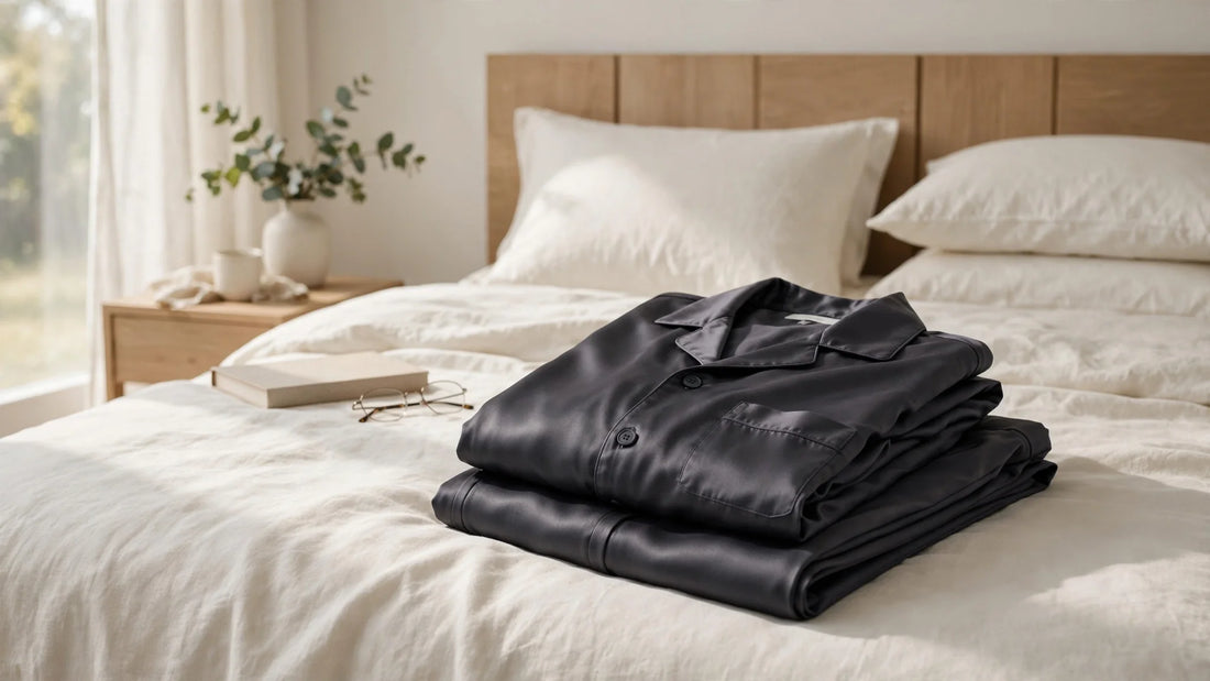 Pyjama en soie homme gris anthracite plié sur un lit avec du linge ivoire
