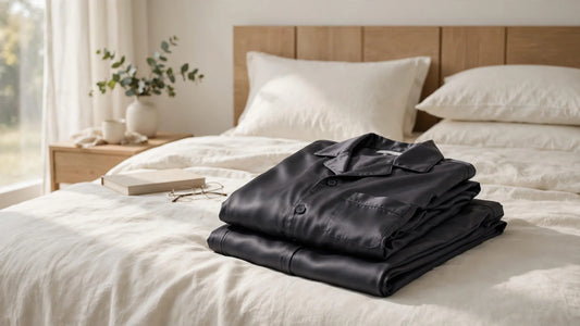 Pyjama en soie homme gris anthracite plié sur un lit avec du linge ivoire