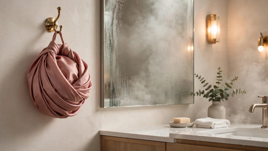 Turban en soie rose poudré suspendu à une patère près d'un miroir de salle de bain embué