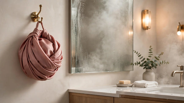 Turban en soie rose poudré suspendu à une patère près d'un miroir de salle de bain embué