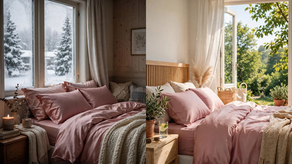 Chambre divisée en deux, côté hiver enneigé et côté été lumineux, même linge de lit en soie rose poudré
