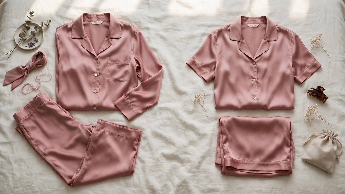 Comparaison flat lay entre un pyjama long en soie rose poudré et un pyjama court en soie