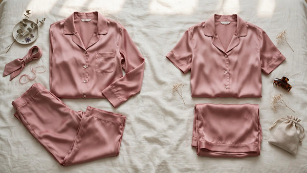 Comparaison flat lay entre un pyjama long en soie rose poudré et un pyjama court en soie