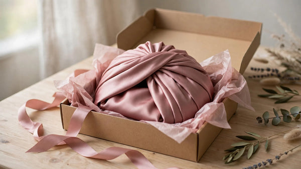 Turban en soie rose poudré plié dans une boîte cadeau ouverte avec ruban satin