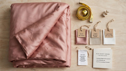 Flat lay guide d'achat avec housse de couette en soie pliée, mètre ruban et étiquettes tissu