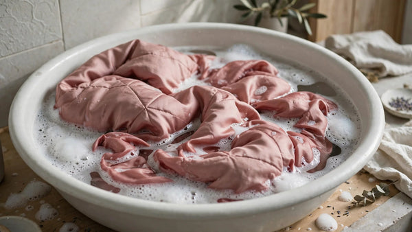 Housse de couette en soie rose poudrée lavée à la main dans une bassine avec de la mousse