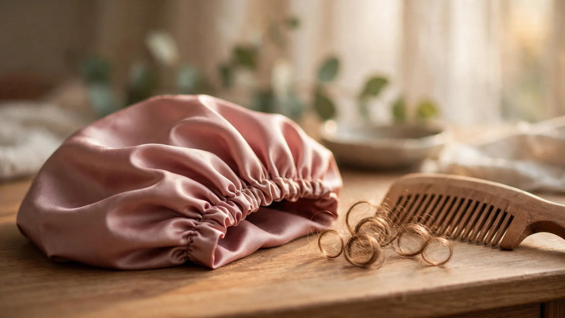 Bonnet de nuit en soie rose poudré posé sur une table en bois avec des boucles de cheveux et un peigne en bois