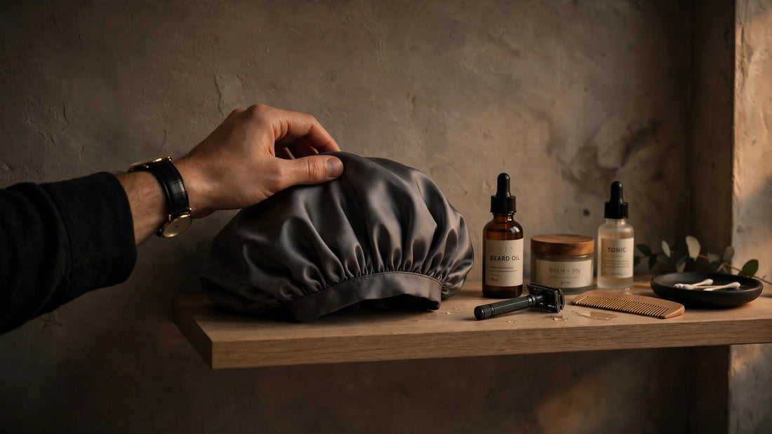 Main d'homme posant un bonnet de nuit en soie gris anthracite sur une étagère en bois à côté de produits de grooming