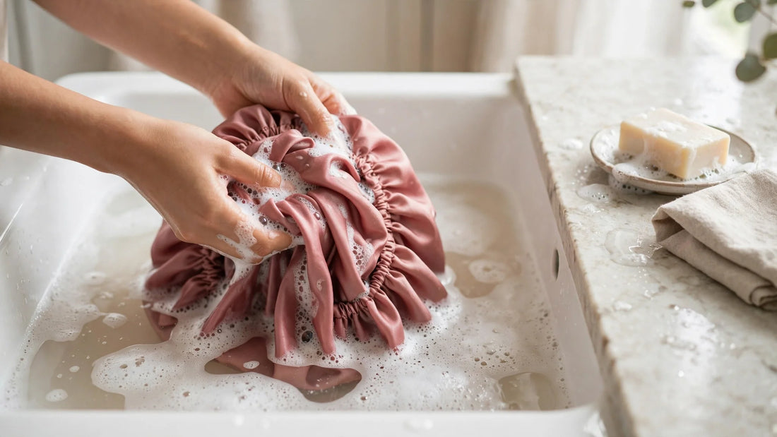 Bonnet de nuit en soie rose poudré lavé à la main dans un lavabo avec de l'eau savonneuse