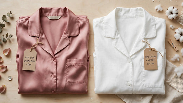 Comparaison flat lay entre un pyjama en soie rose poudré et un pyjama en coton blanc