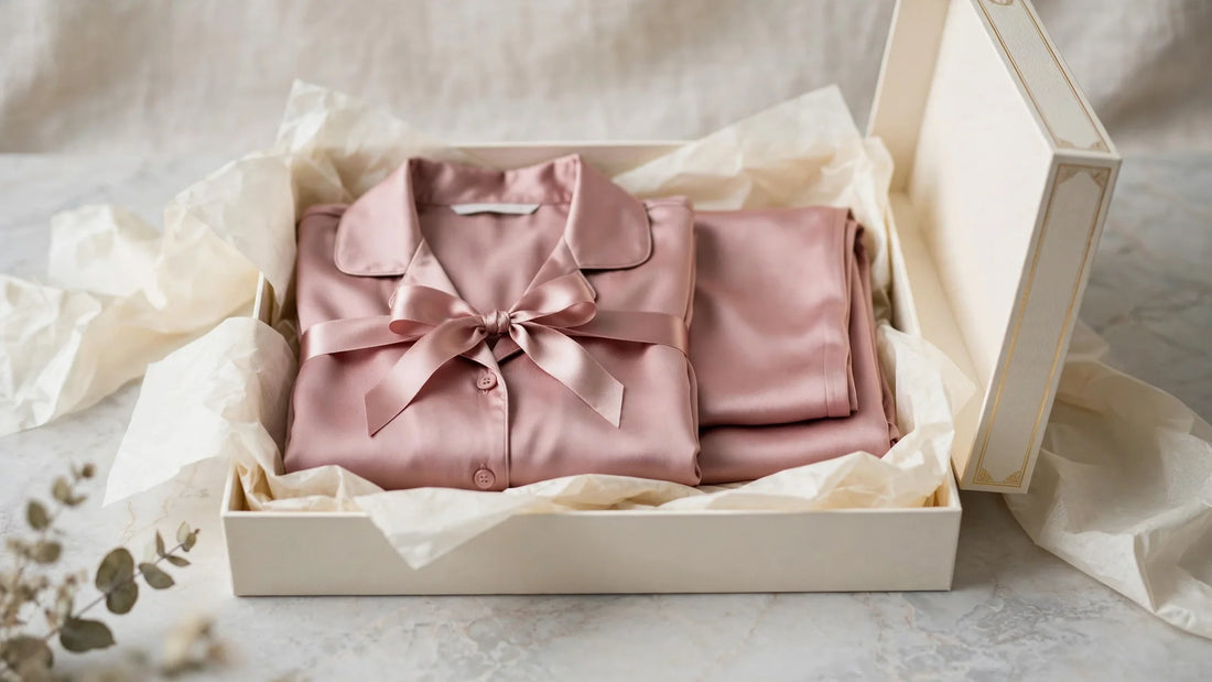 Pyjama long en soie rose poudré plié dans un coffret cadeau de luxe avec noeud en ruban de soie