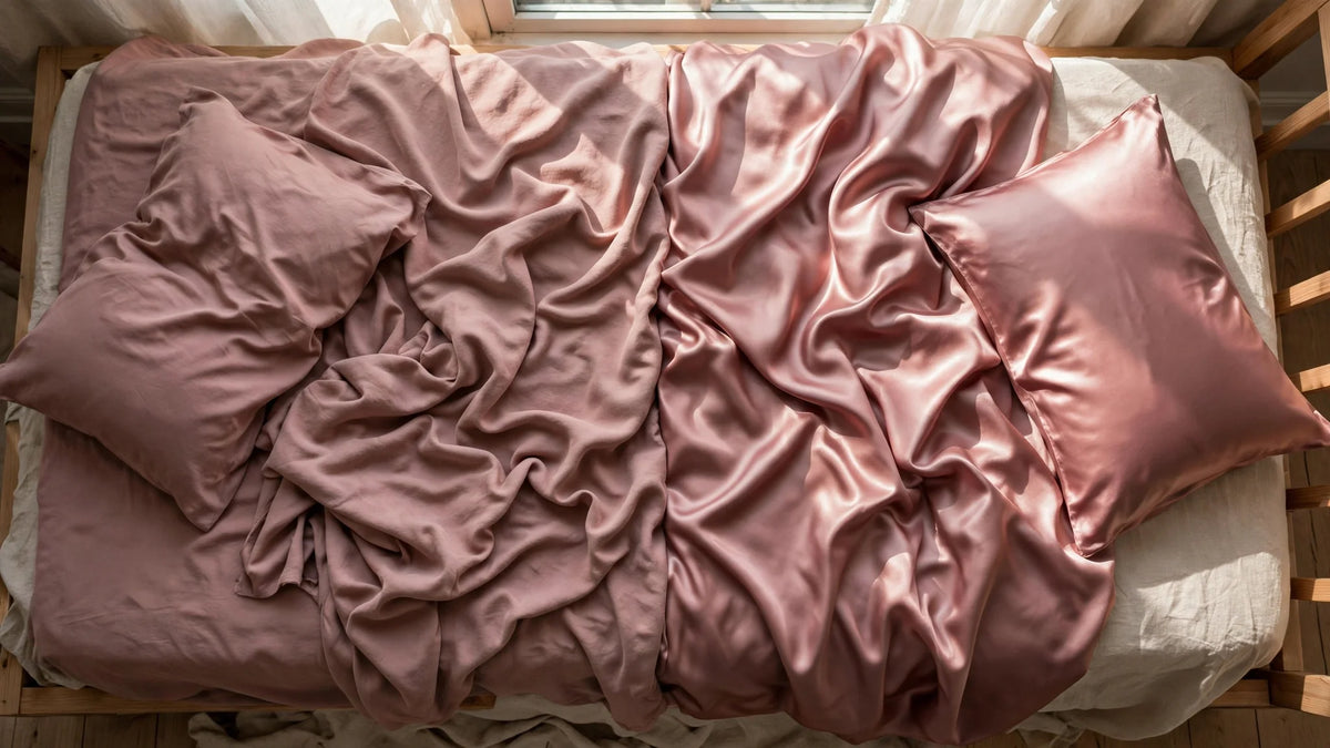 Lit non fait divisé en deux, un côté en soie rose poudré mate, l'autre en satin plus brillant