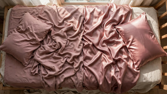 Lit non fait divisé en deux, un côté en soie rose poudré mate, l'autre en satin plus brillant